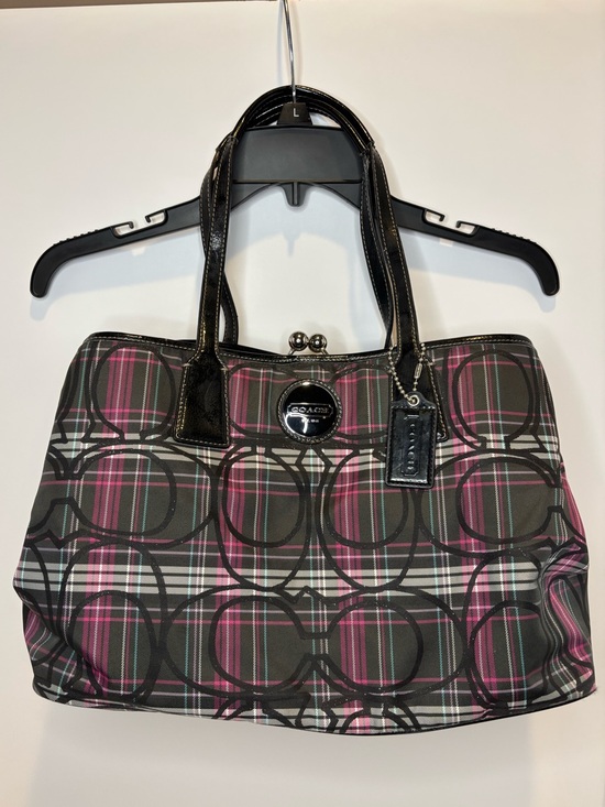Coach Handbags - Coach Poppy Berry Plaid Signature C Canvas Kiss Lock Satchel.